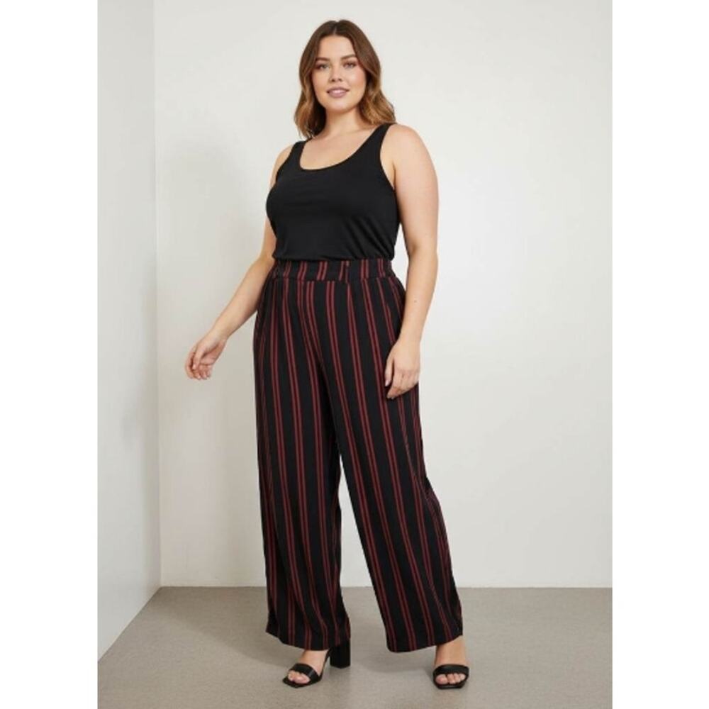 Torrid Size 3x Challis Striped Wide-Leg Pants Black Red Rayon High-Rise Pull-On